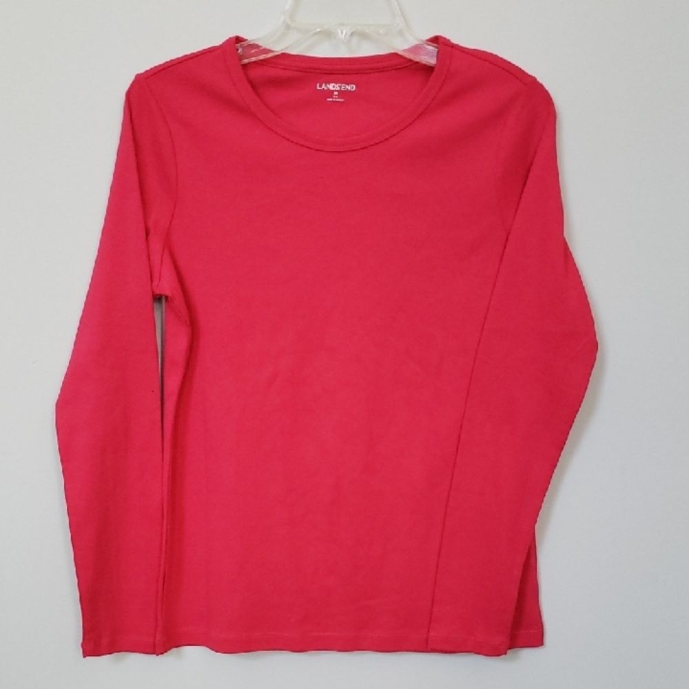 Lands End Shirt Womens Med Scoop Neck Knit Hot Pink Long Sleeve